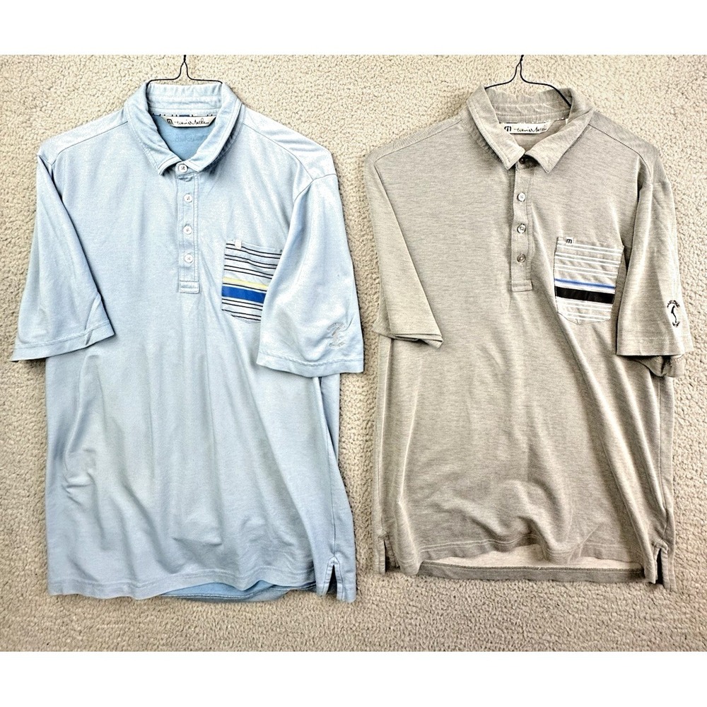 Lot of 2 Travis Mathew Golf Polo Shirts Mens M Blue/Gray Hazeltine Logo Pockets